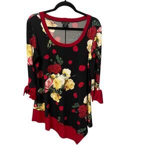 Eva Varro Red Black Floral Polka Dot Tie Sleeve Asymmetric Tunic Top Womens XL